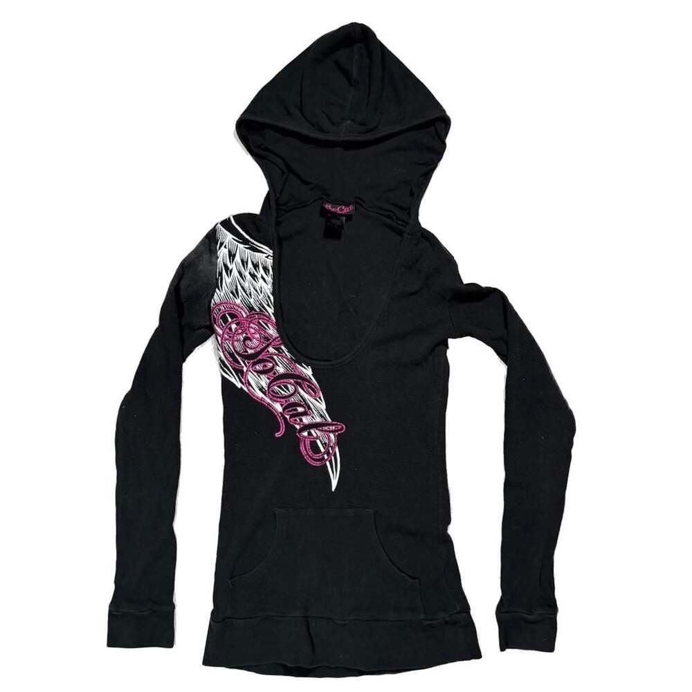 So Cal Vintage Y2K Waffle Knit Thermal Hoodie with Heart Key Graphic